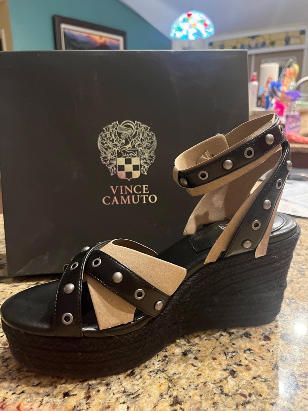 Vince Camuto Black and Tan Studded Wedge Sandals